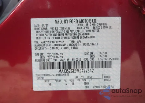 2021 Ford Ecosport Se from USA, damaged, VIN MAJ3S2GE9MC422542